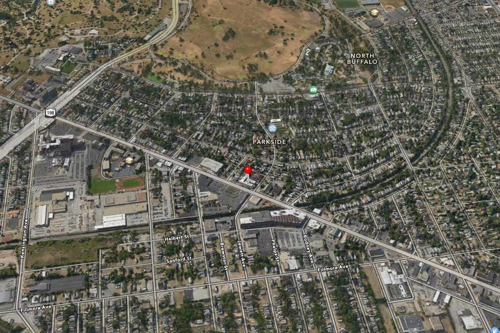 a map of a city with a red dot on it