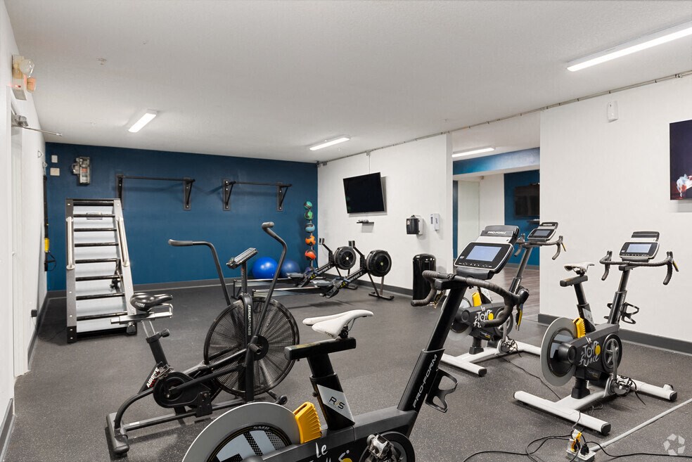 a gym with cardio equipment and weights in a building