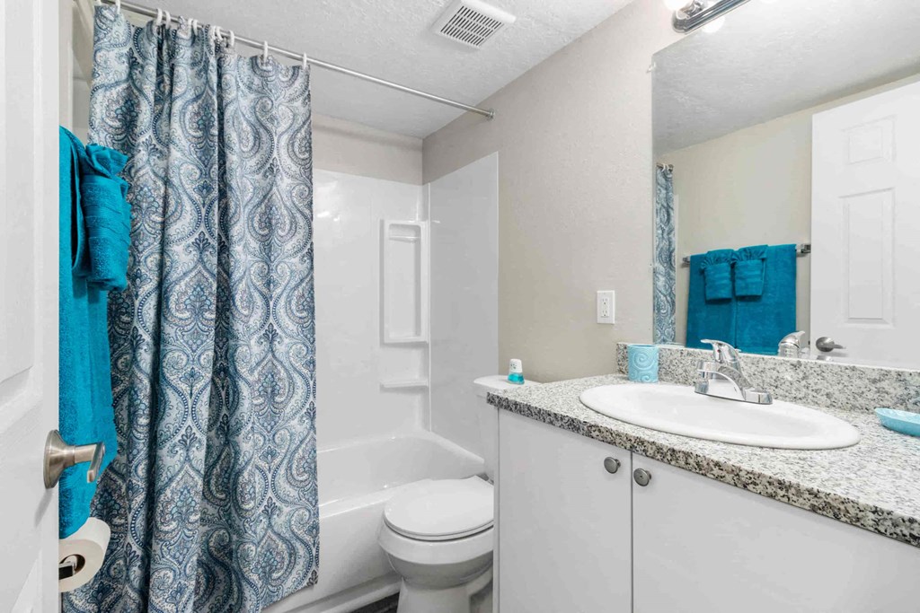 A bathroom with a white toilet, a sink, and a blue shower curtain.
