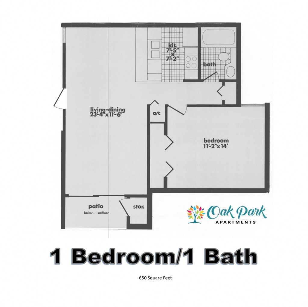 A floor plan for a 1 bedroom/1 bath apartment at Oak Park Apartments.