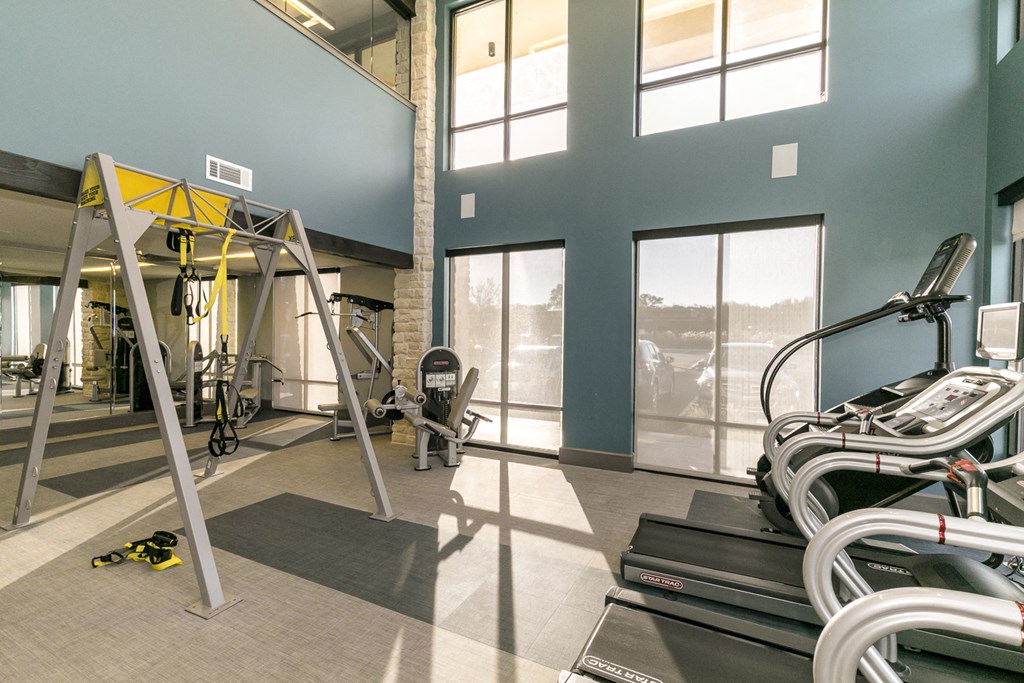 a gym with weights and cardio equipment at the district at highland village apartments