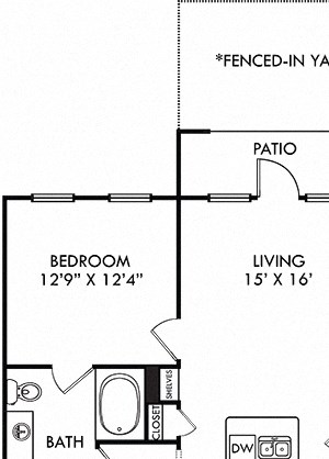 Encanto with Attached Garage and Fenced-in Yard Encanto with Attached Garage + Fenced-in Yard. 1 bedroom apartment. Kitchen with island open to living room. 1 full bathroom, double vanity. Walk-in closet. Patio/balcony open to yard.