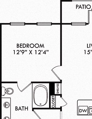 The Encanto with Assigned Garage. 1 bedroom apartment. Kitchen with island open to living room. 1 full bathroom, double vanity. Walk-in closet. Patio/balcony.