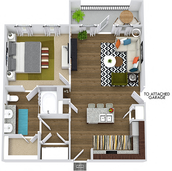 Encanto with Attached Garage 3D. 1 bedroom apartment. Kitchen with island open to living room. 1 full bathroom, double vanity. Walk-in closet. Patio/balcony.