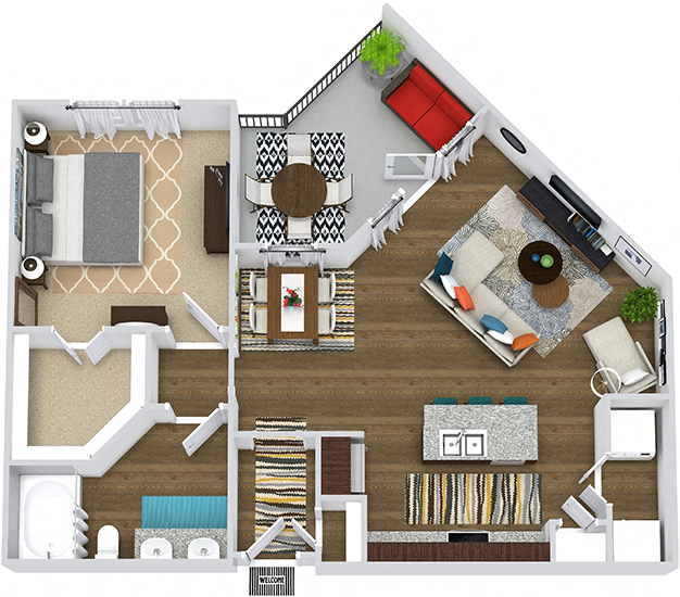 The Griffith 3D. 1 bedroom apartment. Kitchen with island open to living/dinning rooms. 1 full bathroom, double vanity. Walk-in closet. Patio/balcony.