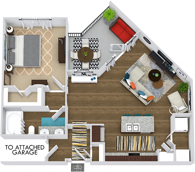 The Griffith with Attached Garage 3D. 1 bedroom apartment. Kitchen with island open to living/dinning rooms. 1 full bathroom, double vanity. Walk-in closet. Patio/balcony.