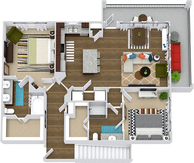 The Mount Royal + Garage. 2 bedroom. stairs to garage. Kitchen with island open to living room. 2 full bathrooms, double vanity in master, shower stall in guest. Walk-in closets. Patio/balcony.