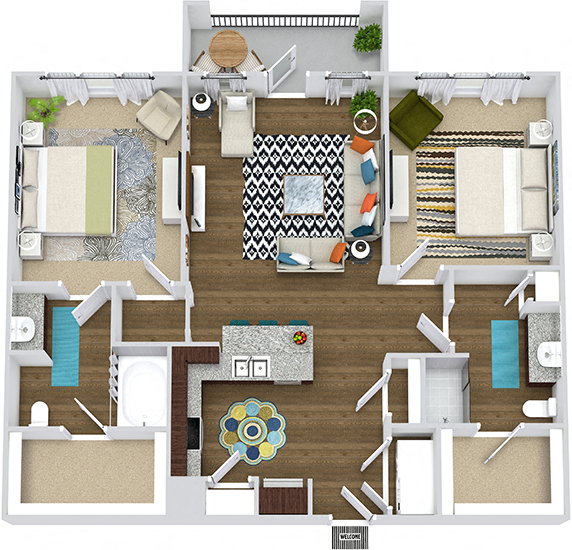 The Zilker 3D. 2 bedroom apartment. Kitchen with bartop open to living room. 2 full bathrooms, double vanity in master, shower stall in guest. Walk-in closets. Patio/balcony.