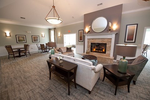 a living room with a fireplace and couches