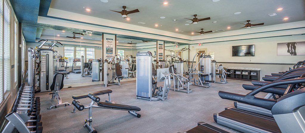 a gym with weights and cardio equipment and a television