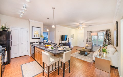 a living room with a kitchen and a dining room