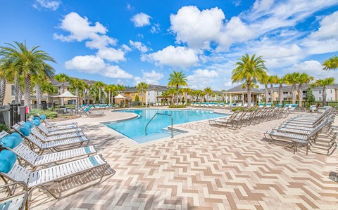 a resort style swimming pool with lounge chairs and palm trees