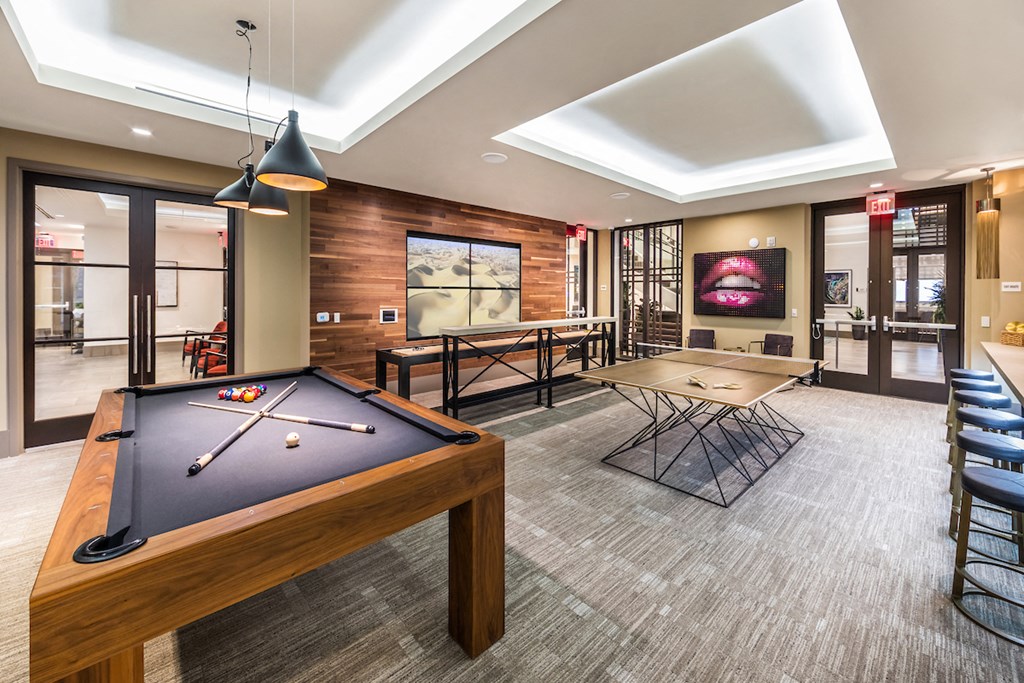 a game room with a pool table and a ping pong