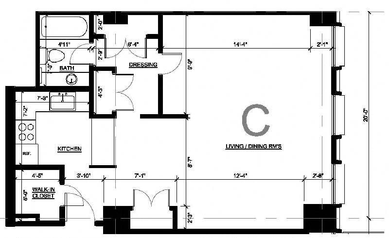 Studio C floor plan Studio C floor plan with 3 large windows and plentiful closet space.