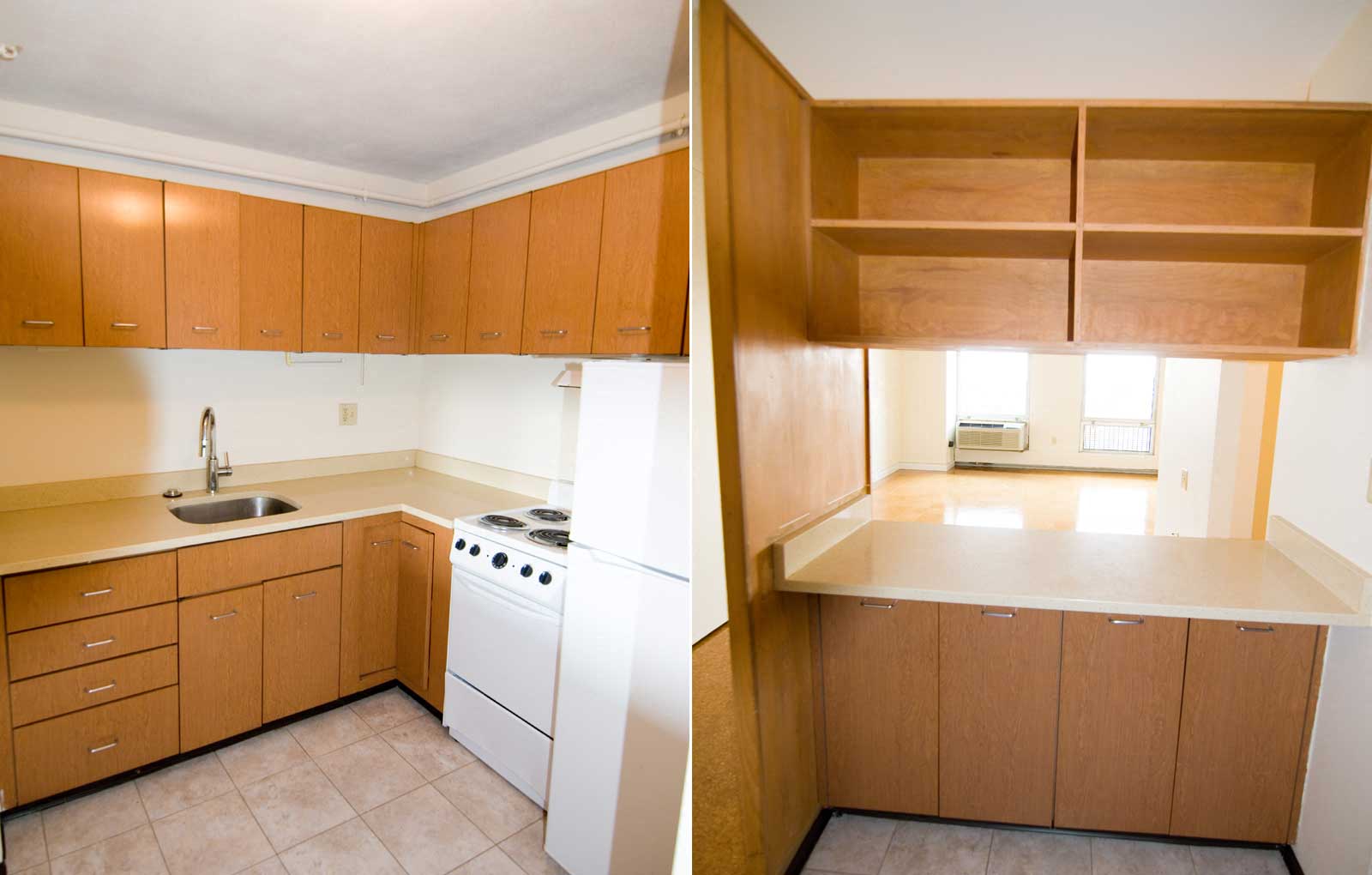 Kitchen with white appliances and plentiful cabinet and counter space