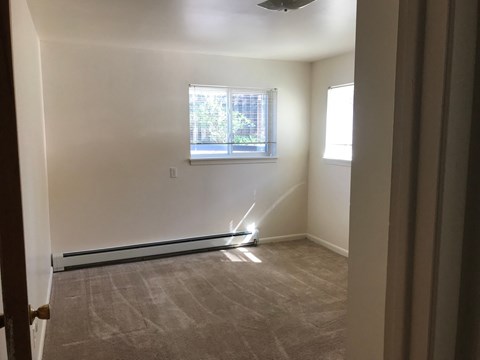 A room with a carpeted floor and a window.
