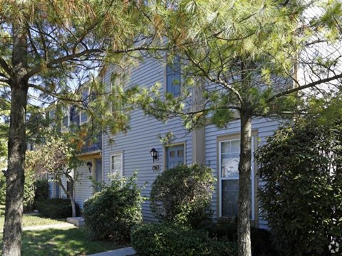 a blue house with trees in front of it