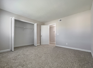 an empty living room with a closet and a door to a hallway