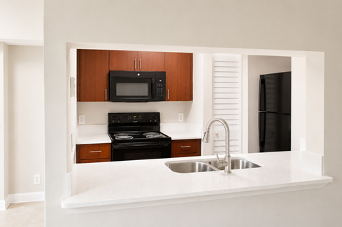 A modern kitchen with a black stove and microwave.