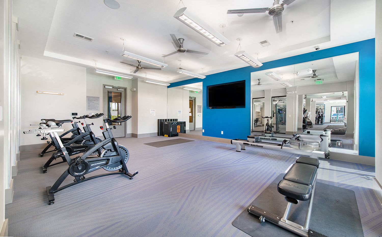a gym with exercise machines and a tv on the wall