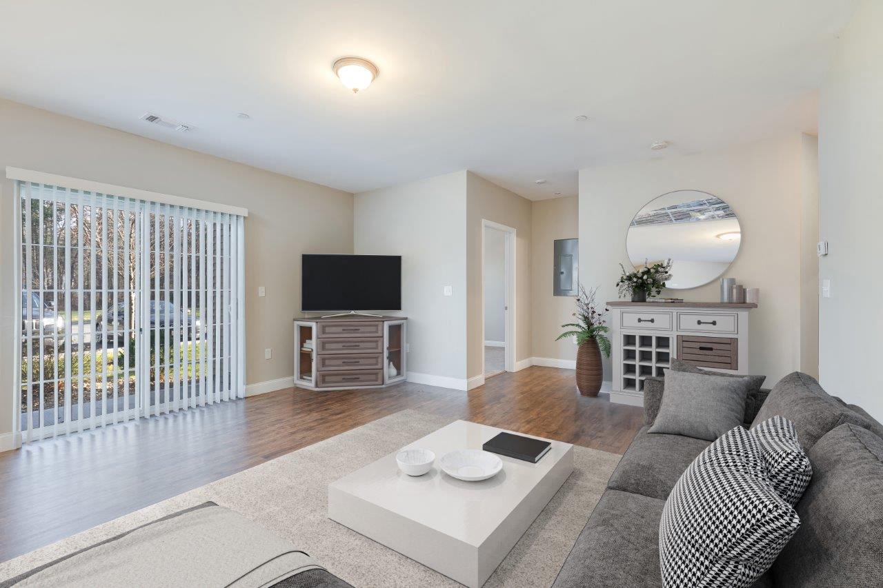 Digital staged Living Room at Webster Village, Hanover, Massachusetts