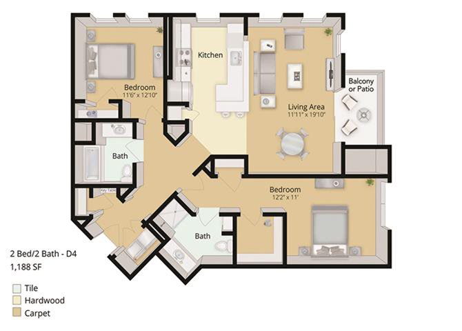2 BED, 2 BATH Floor Plan 3