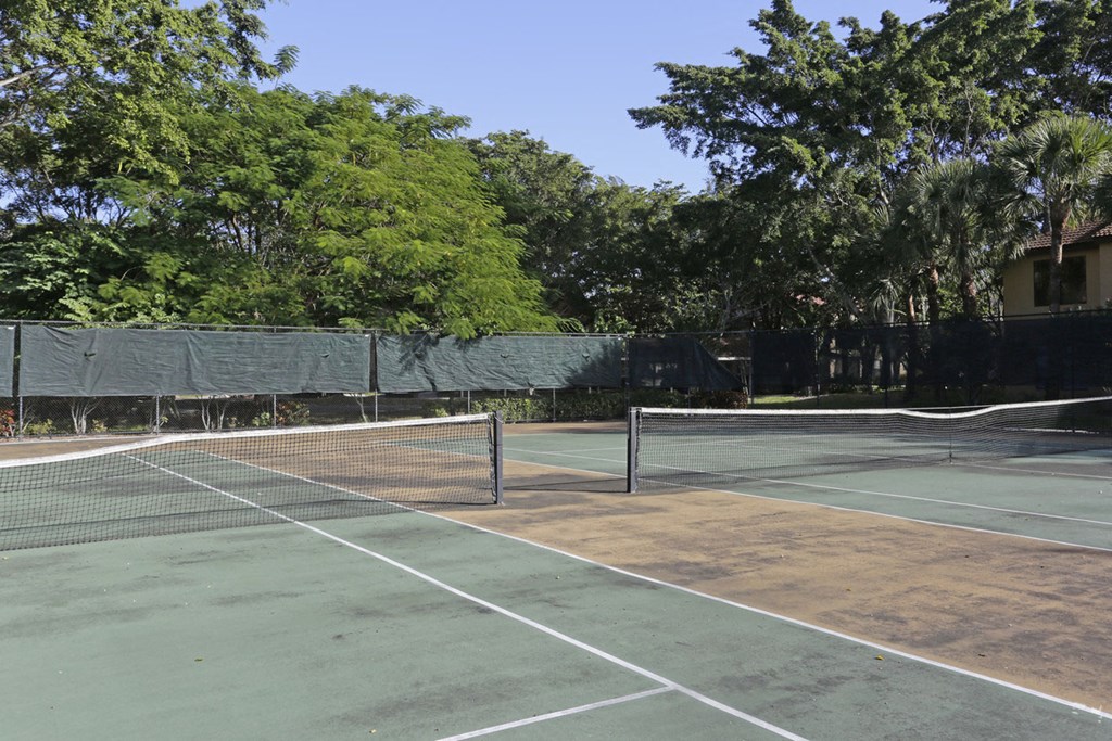 two tennis courts with trees in the background on a sunny day