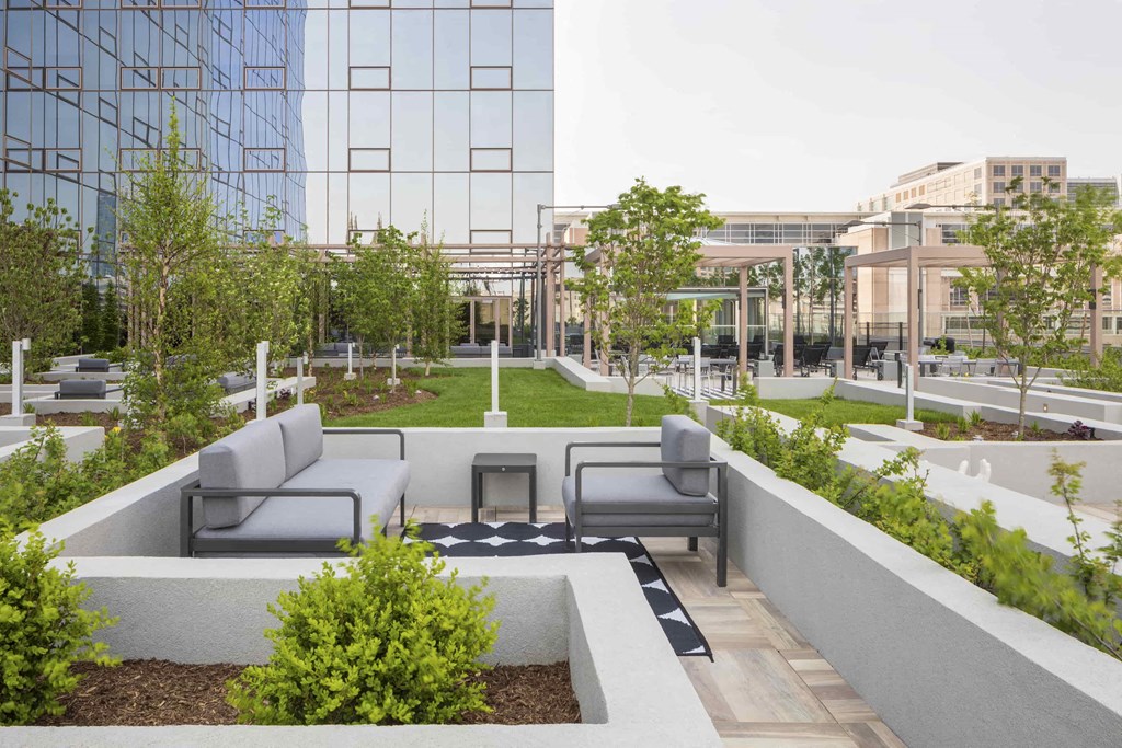 a rendering of a terrace with couches and plants