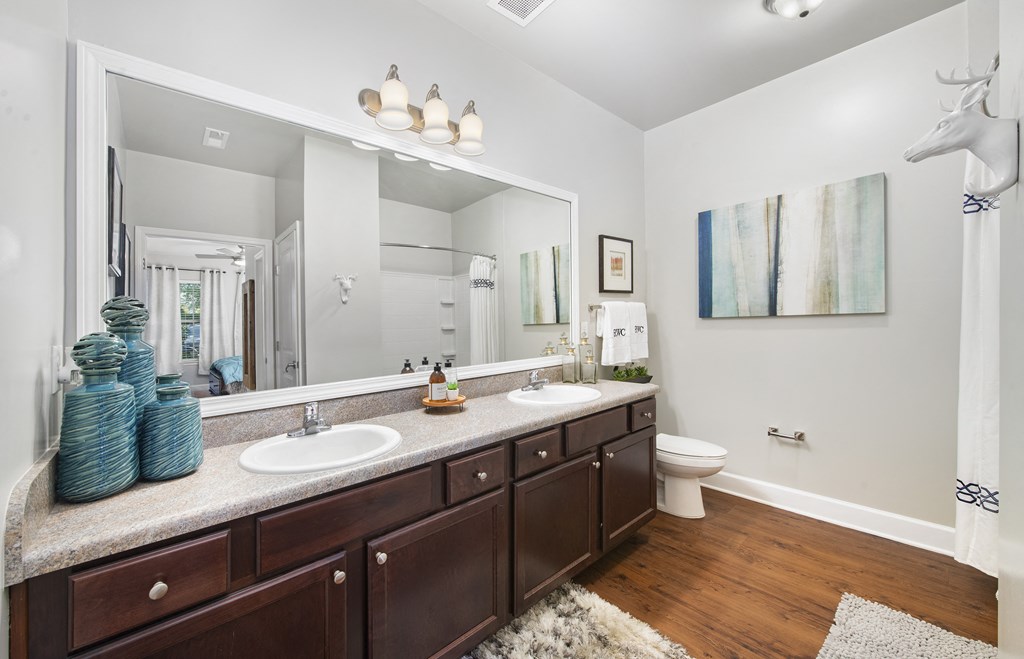 a bathroom with two sinks and a large mirror