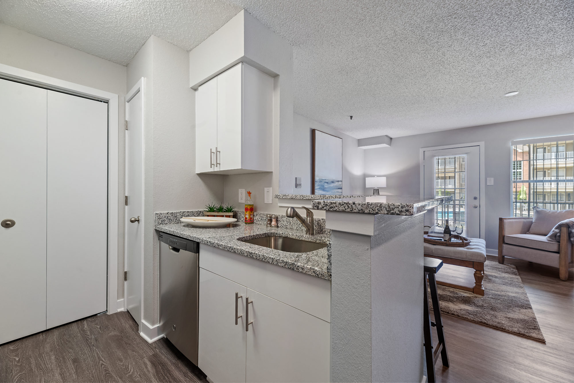 a kitchen and living room with a door to a living room