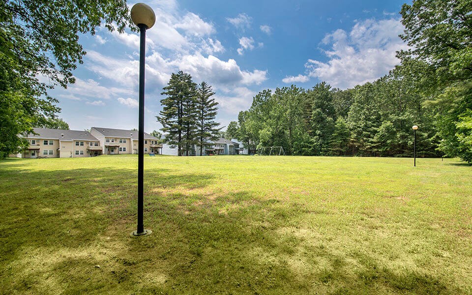 a soccer field with a lamp post in the middle of it