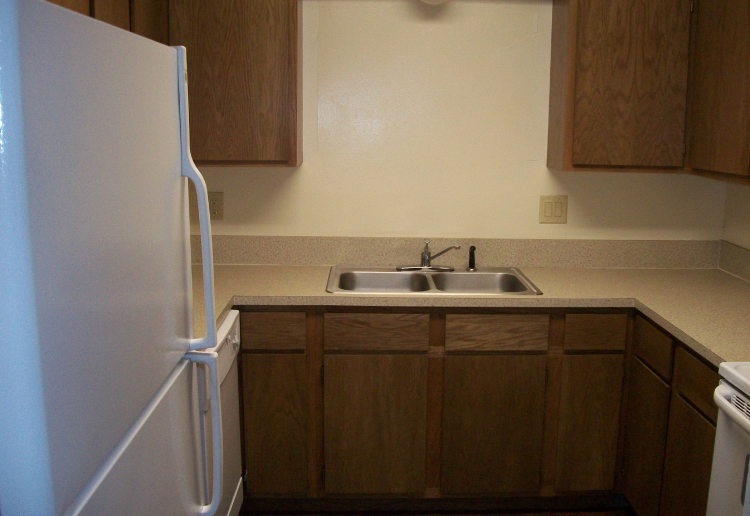 a kitchen with a sink and a refrigerator