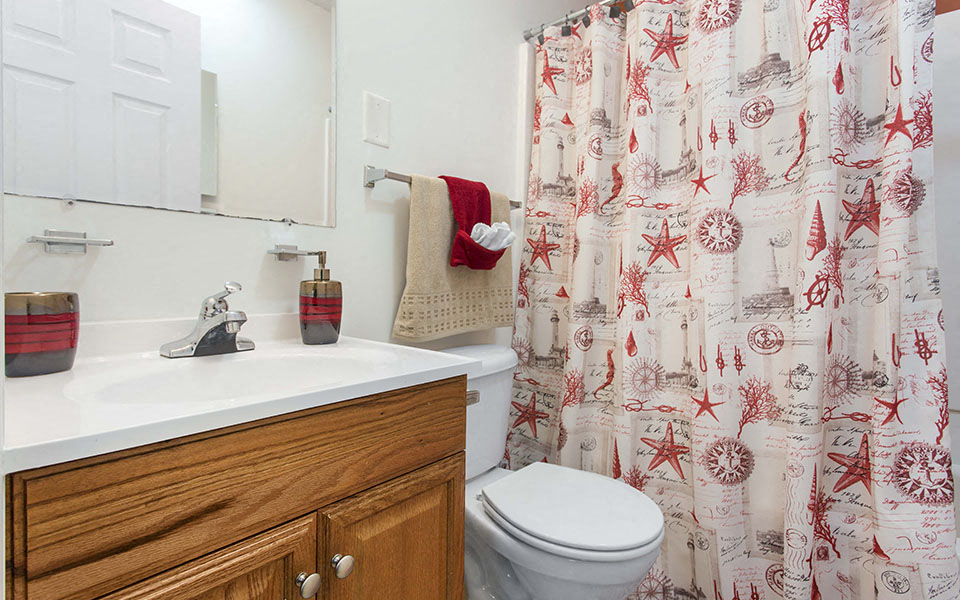 a bathroom with a toilet and a sink and a shower curtain