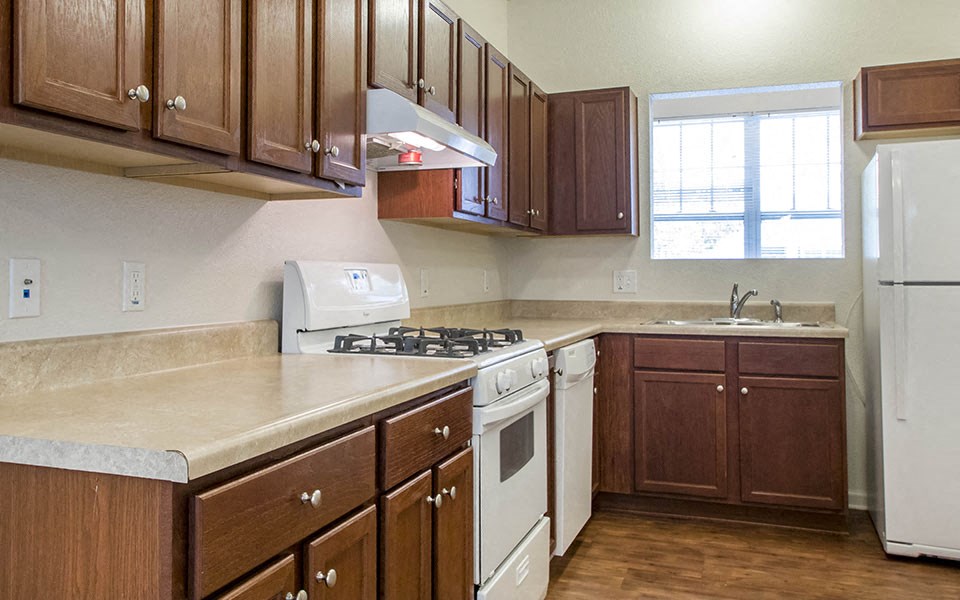 a kitchen with a stove and a sink