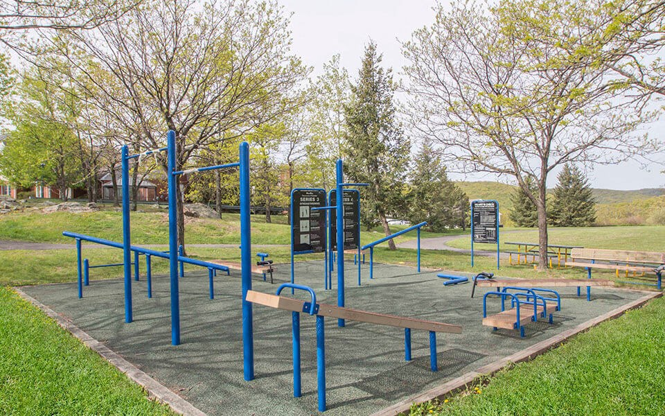 a playground in a park with benches and