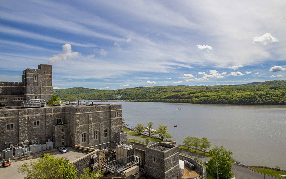 a view of a castle overlooking a body of water