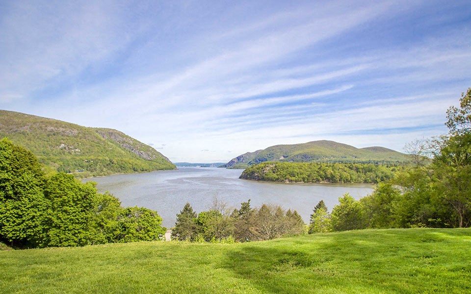 a view of a lake in the middle of a grassy field