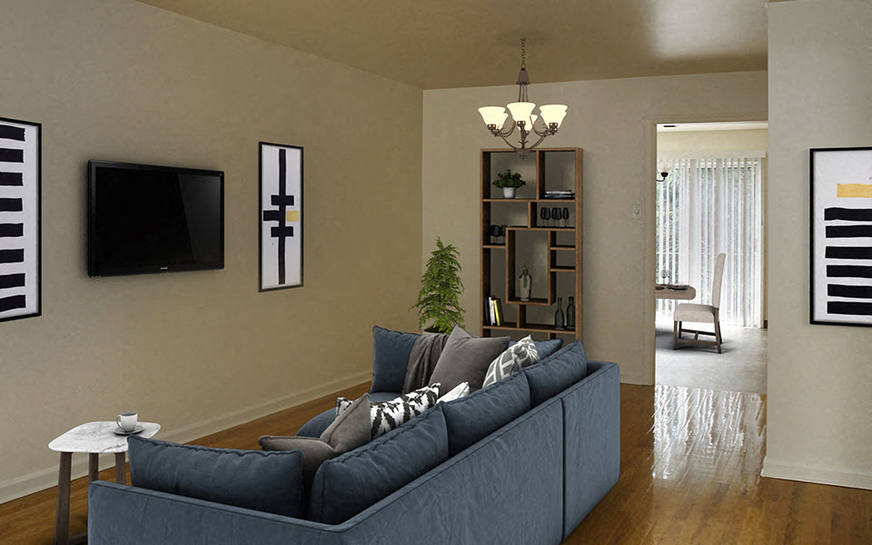 a living room with a couch and a television