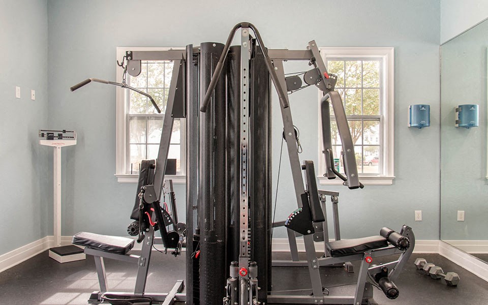 a gym with weights and cardio equipment in a home gym
