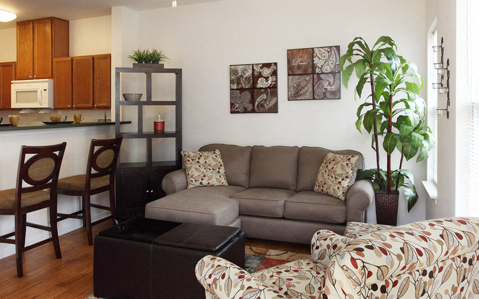 a living room with a couch and a chair and a kitchen