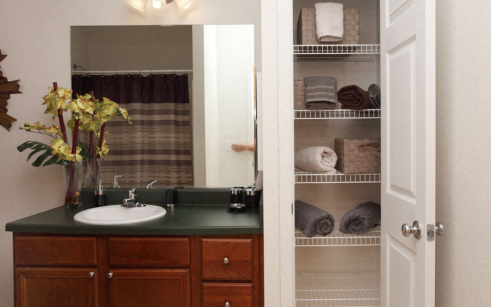 a bathroom with a sink and a mirror and a closet with towels