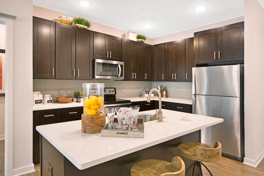 a kitchen with stainless steel appliances and dark cabinetry