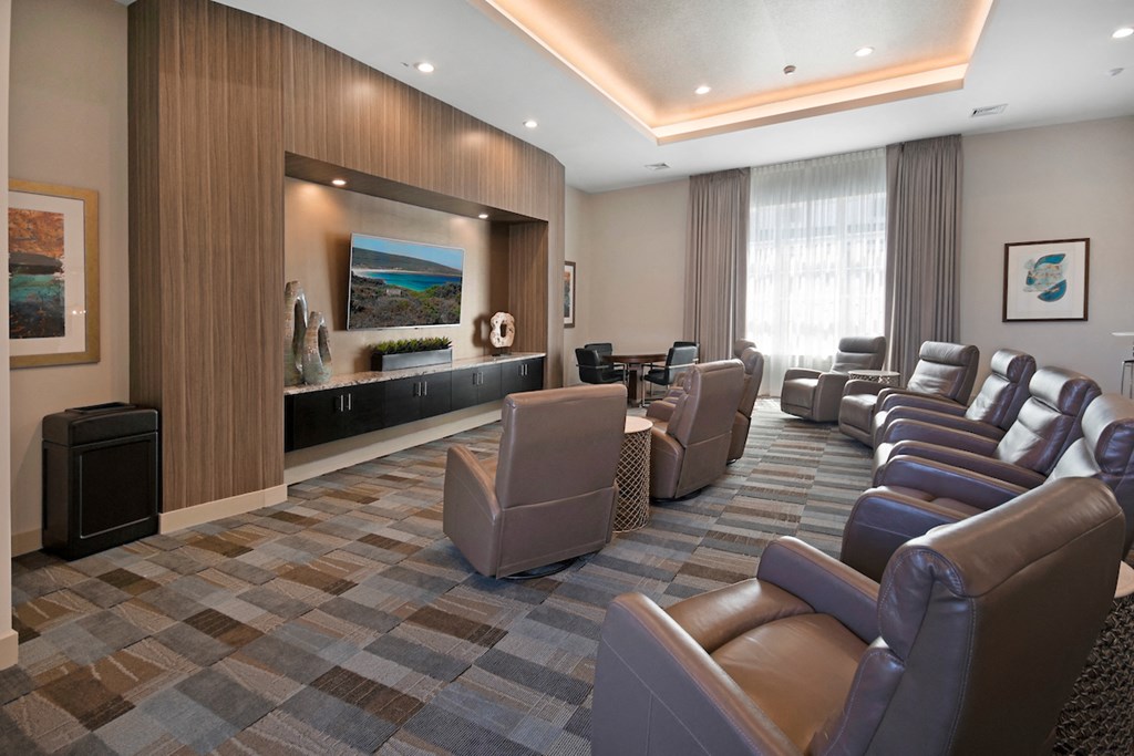 a large screening room with leather chairs and a television