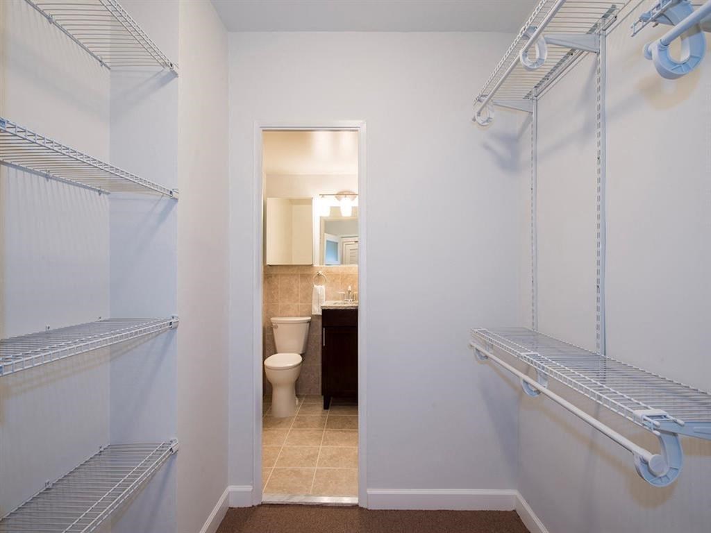 a closet with shelves and a toilet in a bathroom