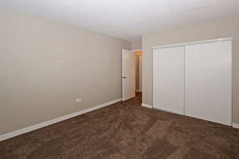 an empty room with carpet and a door to a closet