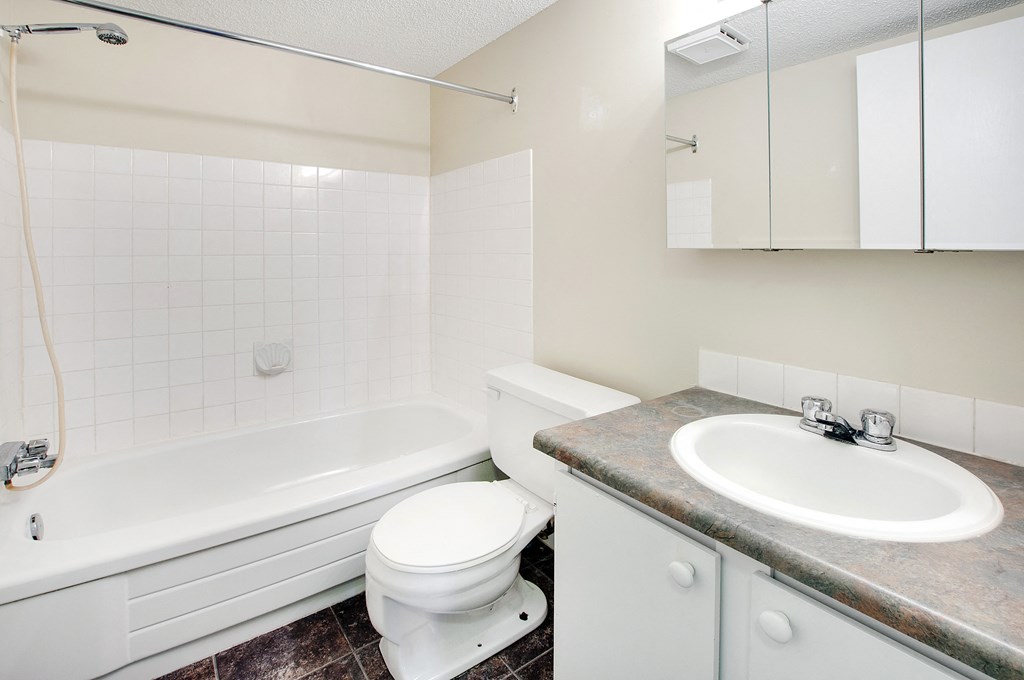a bathroom with a sink toilet and bath tub