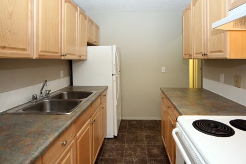 a kitchen with a stove sink and refrigerator