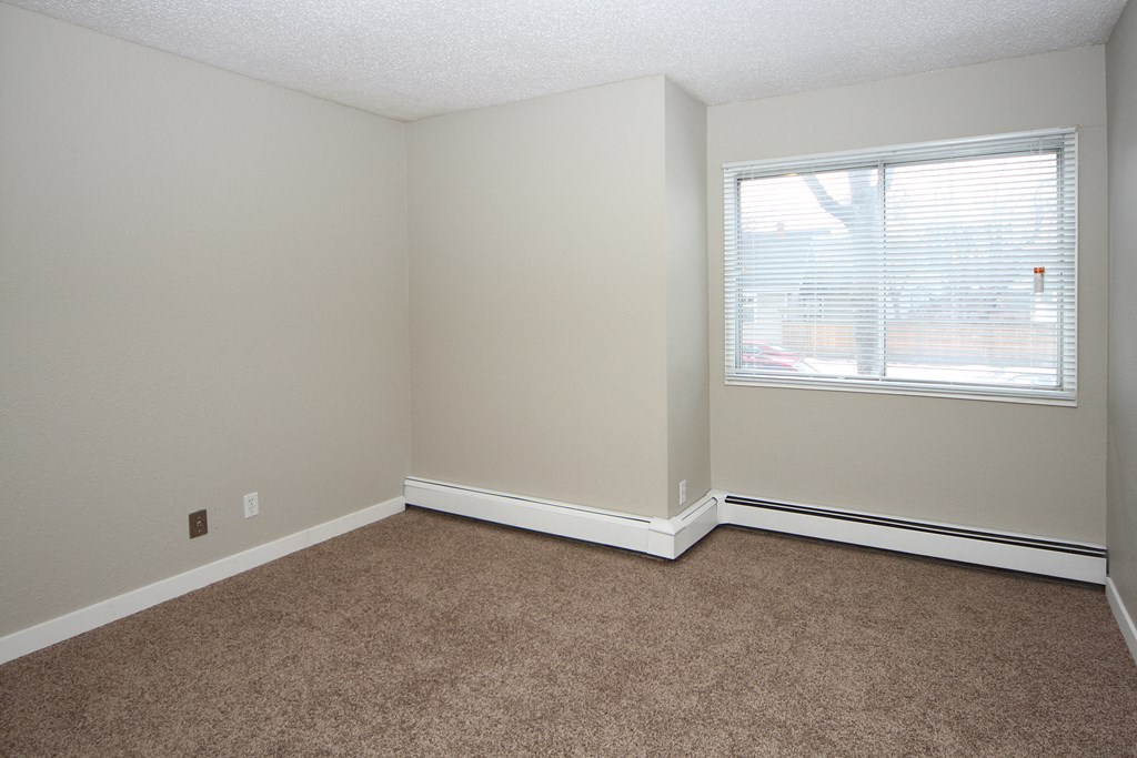 an empty room with carpet and a window