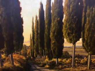 a painting of a road with cypress trees