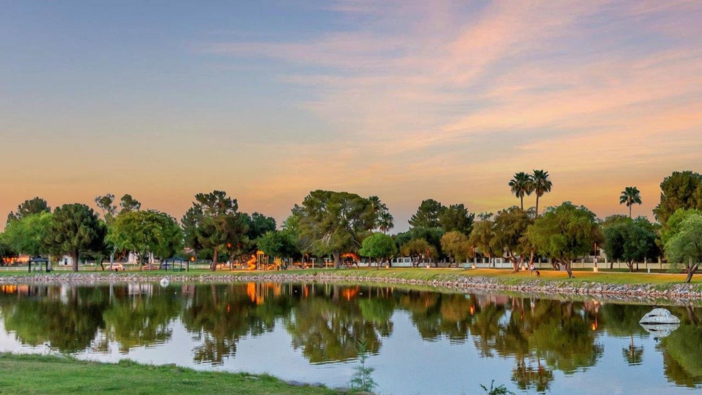 a park with a lake and trees at sunset
